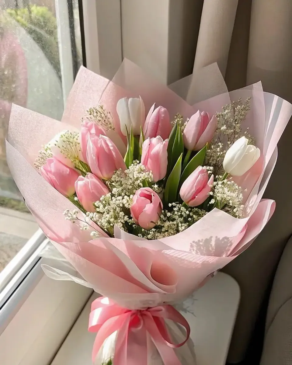 Bó tulip hồng và trắng cùng baby, gói giấy hồng, ruy băng hồng cạnh cửa sổ