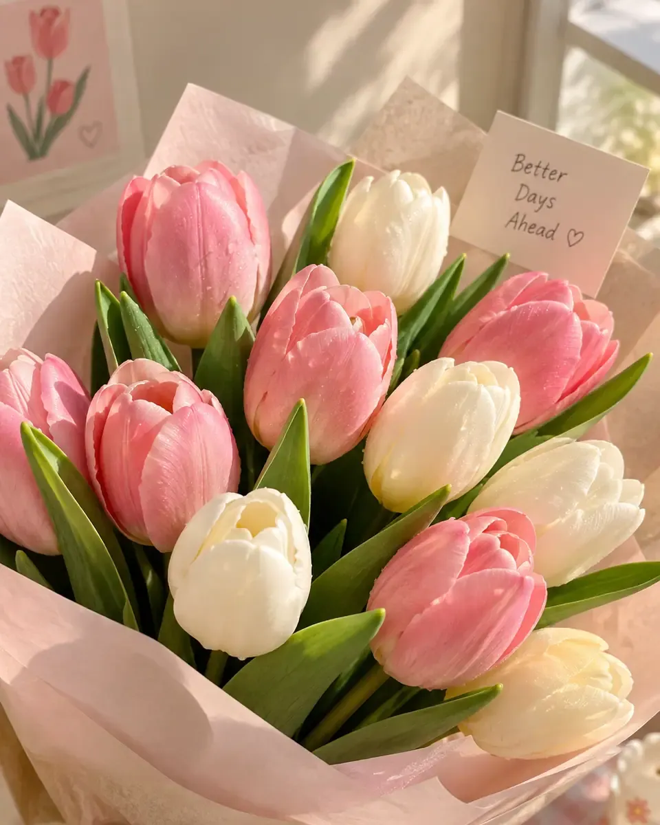 Bó tulip hồng và trắng gói giấy hồng phấn đặt trên bàn