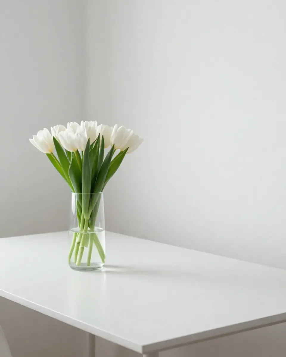 Bình thủy tinh trụ cắm bó tulip trắng trước nền tường trắng và bàn trắng