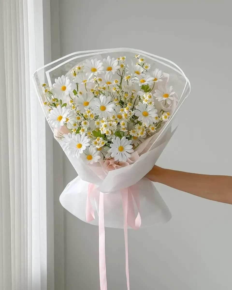Bó cúc họa mi gói giấy trong suốt buộc ruy băng hồng nhạt cạnh khung cửa sổ