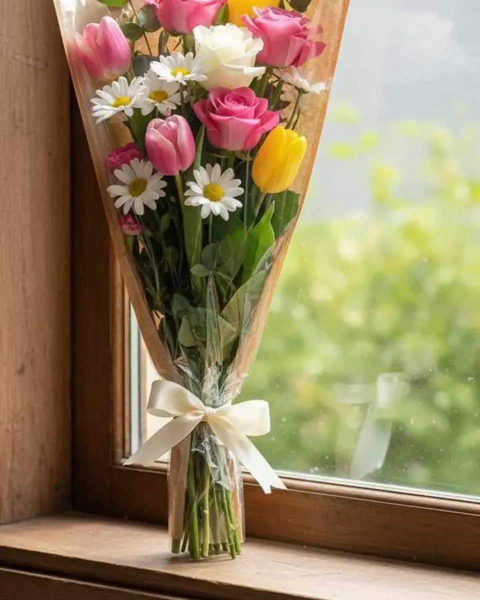Bó hoa hồng, hoa cúc và tulip gói giấy kraft, buộc ruy băng kem, đặt bên cửa sổ có ánh sáng