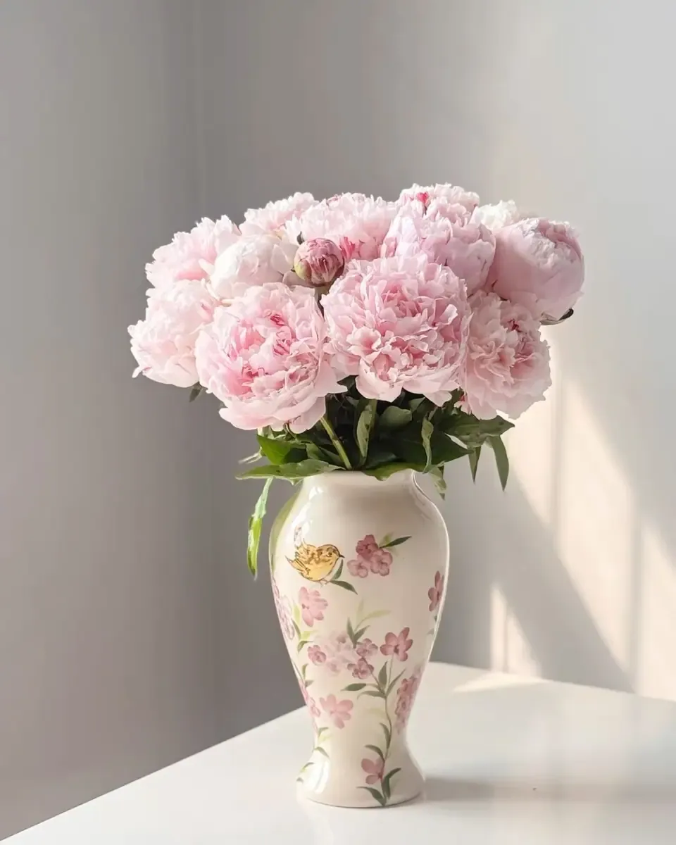 Bình hoa mẫu đơn hồng trong chiếc bình sứ họa tiết hoa đặt trên mặt bàn trắng cạnh tường sáng
