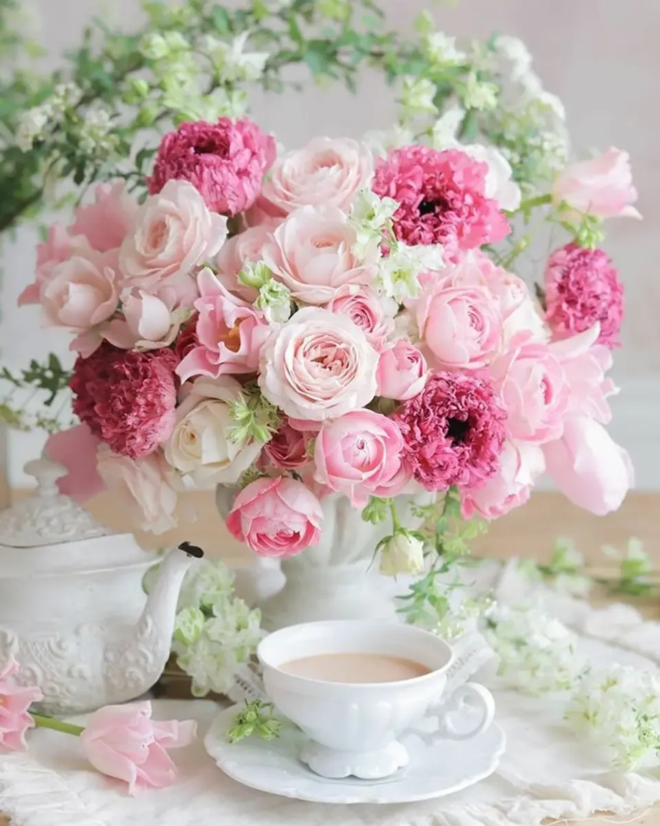 Bình sứ trắng cắm hoa hồng phấn, cẩm chướng hồng đậm và lá xanh cạnh tách trà sứ trắng