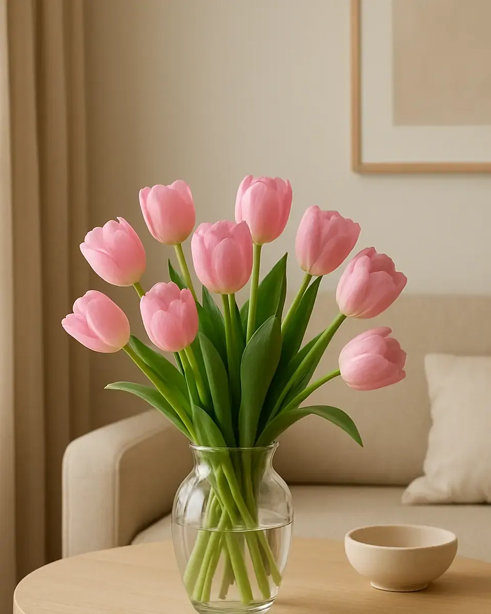 Tulip hồng cắm trong bình thủy tinh tròn đặt trên bàn gỗ tròn cạnh ghế sofa