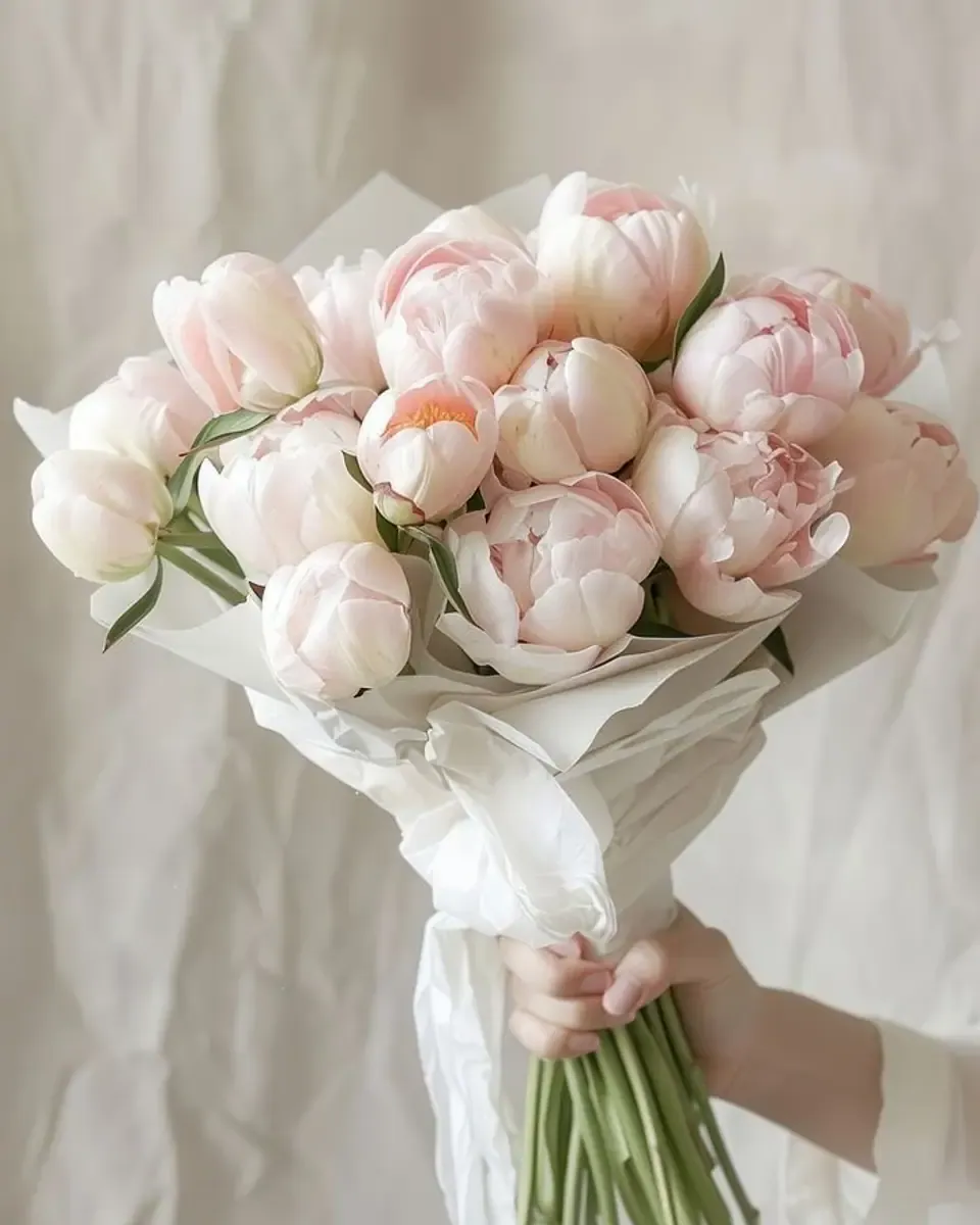 Bó mẫu đơn hồng nhạt cuống dài gói giấy trắng mỏng, tay cầm cuống