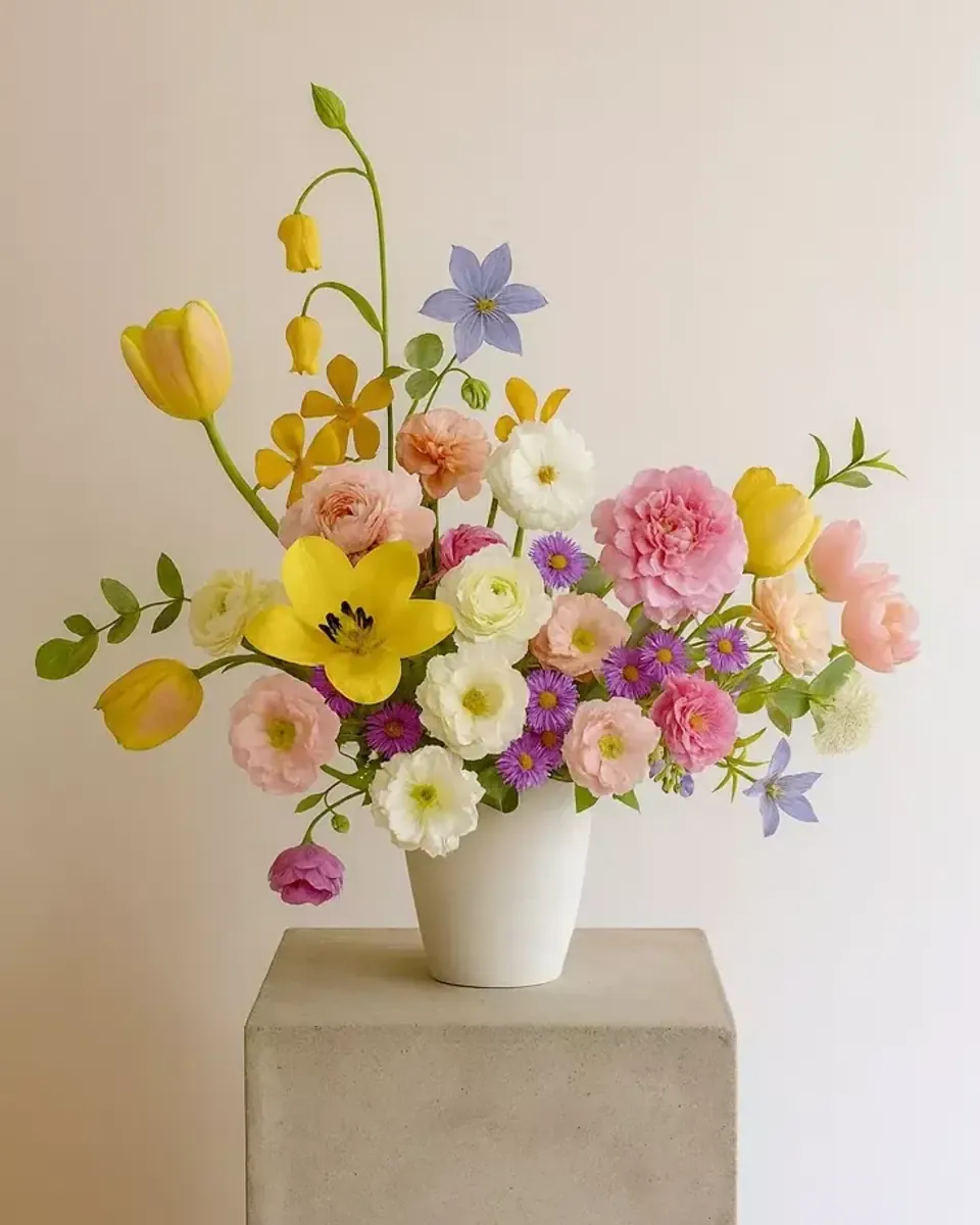 Bình gốm trắng cắm tulip vàng, hồng, tím nhạt và hoa nhỏ trên bục xám