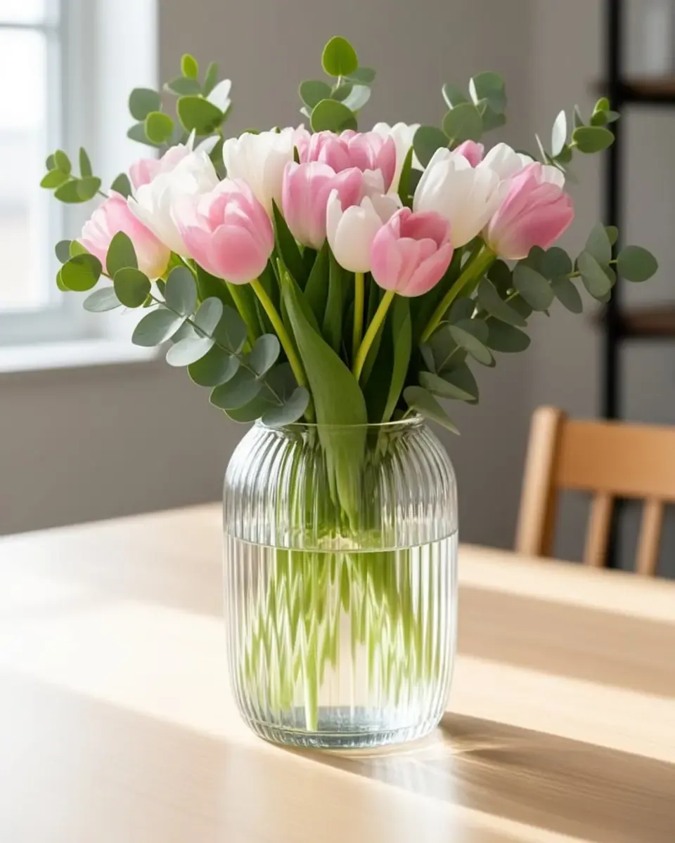 Tulip hồng và trắng cắm cùng lá bạch đàn trong bình thủy tinh sọc đặt trên bàn gỗ gần cửa sổ