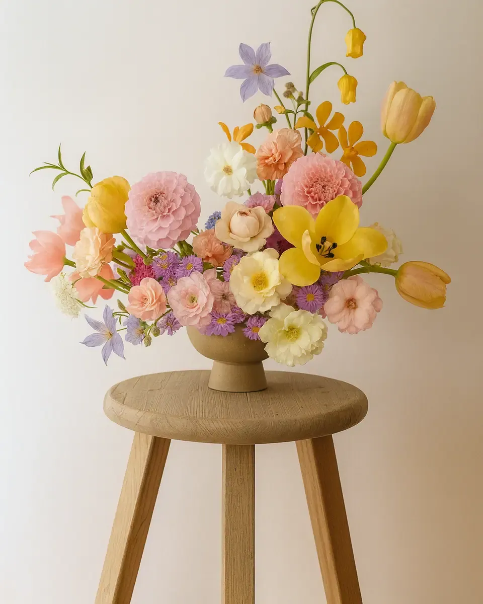 Chậu hoa tulip vàng, cẩm chướng cam và mẫu đơn hồng pastel đặt trên chiếc ghế gỗ thấp