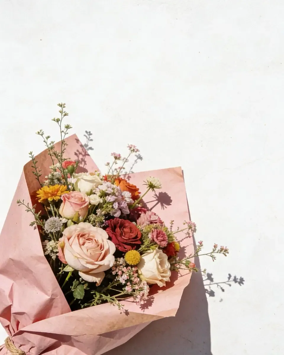 Bó hoa hồng kem, hồng đỏ và hoa nhỏ gói giấy hồng phấn đặt trên nền trắng sáng