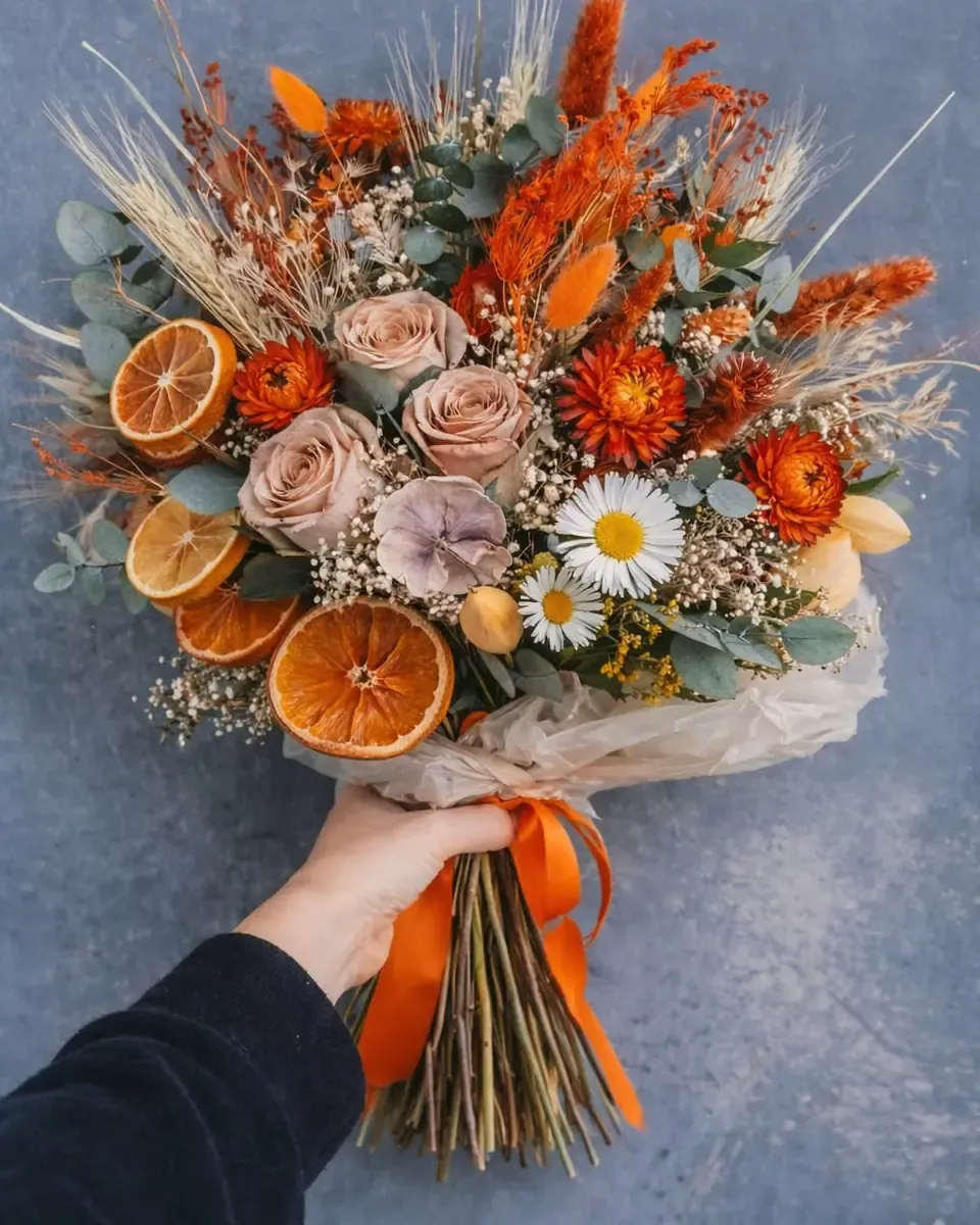Bó hoa khô cam và nâu hồng cùng lát cam sấy, bông lúa và ruy băng cam, tay người cầm