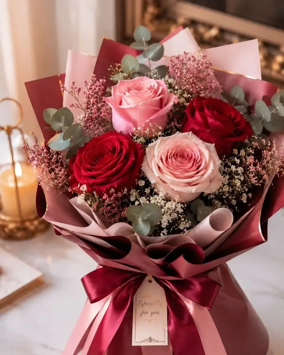 Hồng đỏ, hồng phấn và hồng kem gói giấy đỏ đô, ruy băng đỏ đô, bên ngọn nến