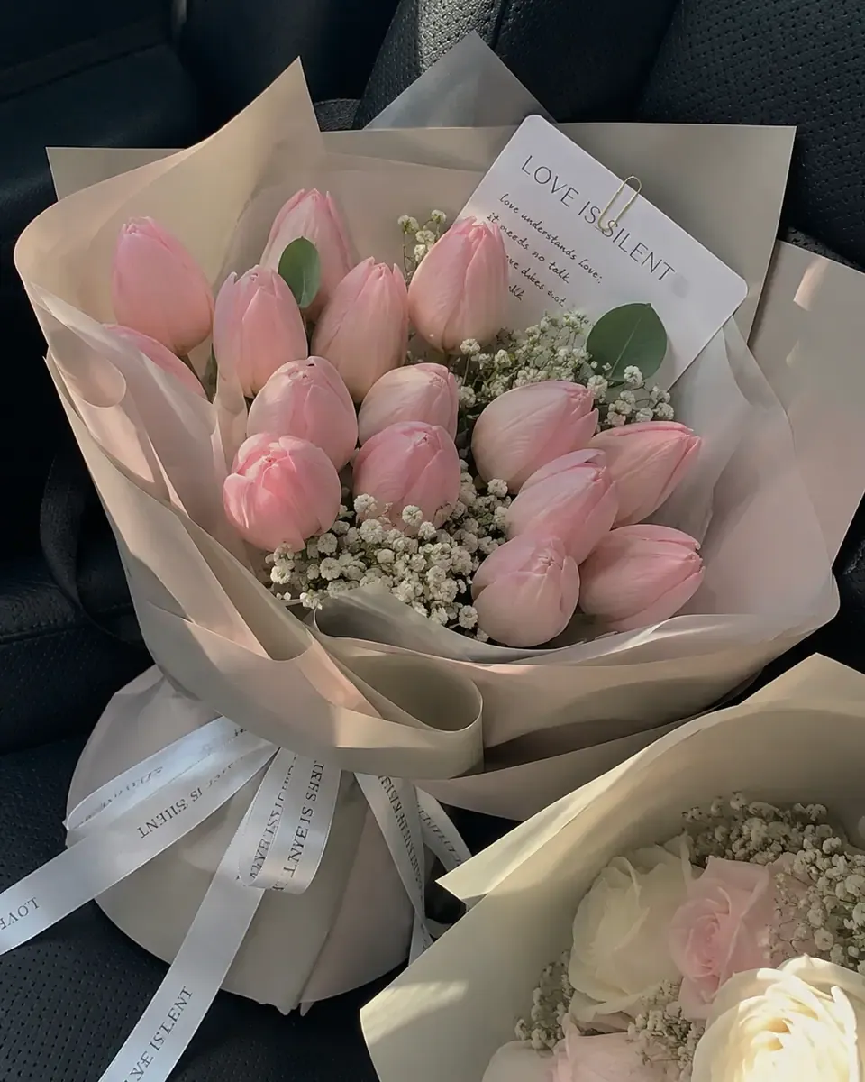 Bó tulip hồng gói giấy kem, buộc ruy băng trắng, đặt trong xe