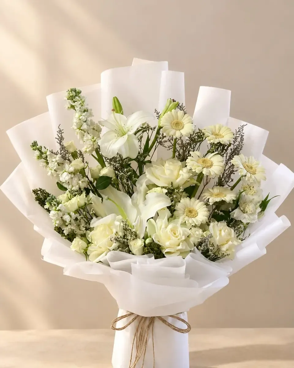 Bó hoa trắng nhiều loại gói giấy trắng buộc dây thừng, đặt trên bàn trước nền tường sáng