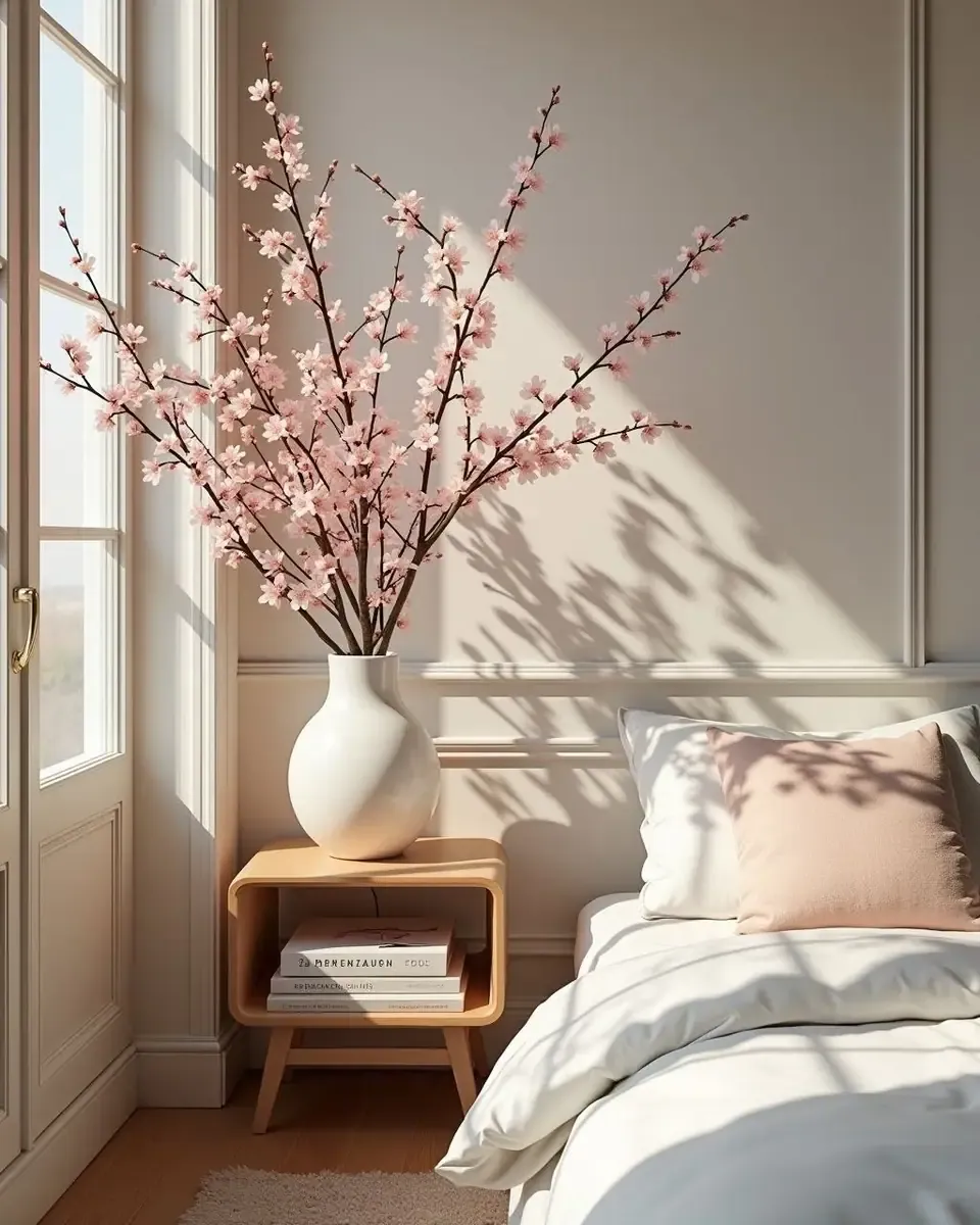Cành hoa anh đào hồng trong bình gốm trắng đặt cạnh cửa sổ phòng sáng, nắng chiếu nhẹ