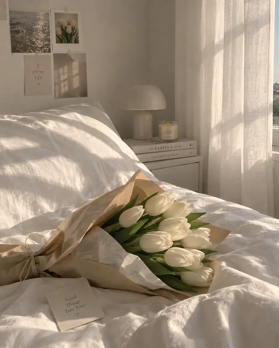Bó tulip trắng gói giấy kraft đặt trên giường, ánh nắng qua rèm