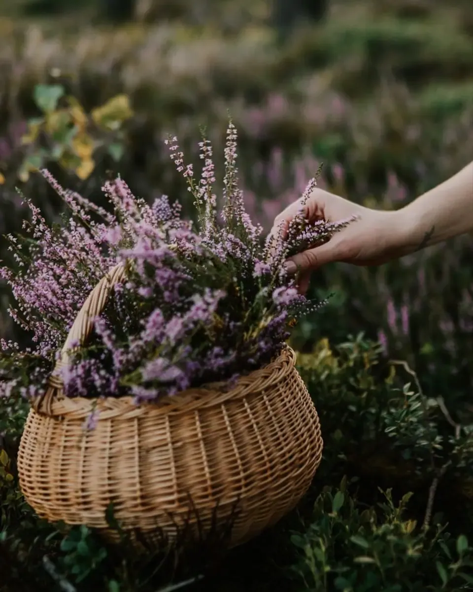 Giỏ mây đựng thạch thảo tím hồng giữa nền cỏ rừng, một bàn tay chạm vào hoa
