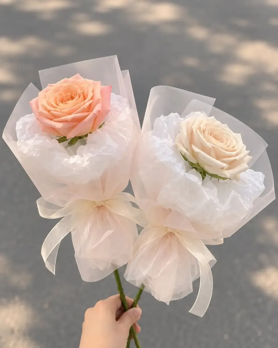 Hai bông hồng đơn gói giấy lụa cam đào và kem, buộc ruy băng voan