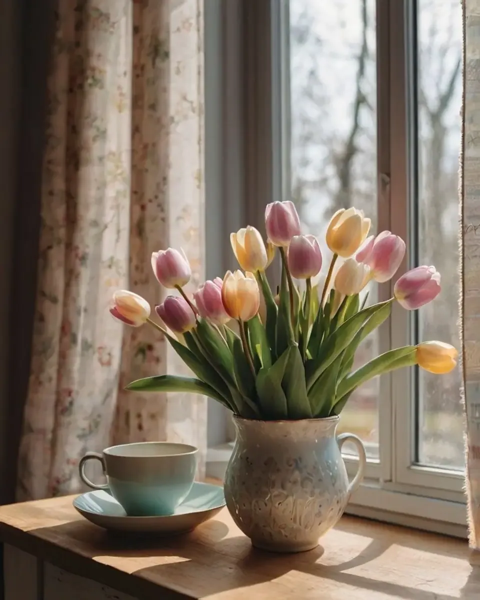Lọ thủy tinh gân cắm bó tulip pastel nhiều màu đặt trên bàn gỗ, nắng chiếu nghiêng qua cửa sổ