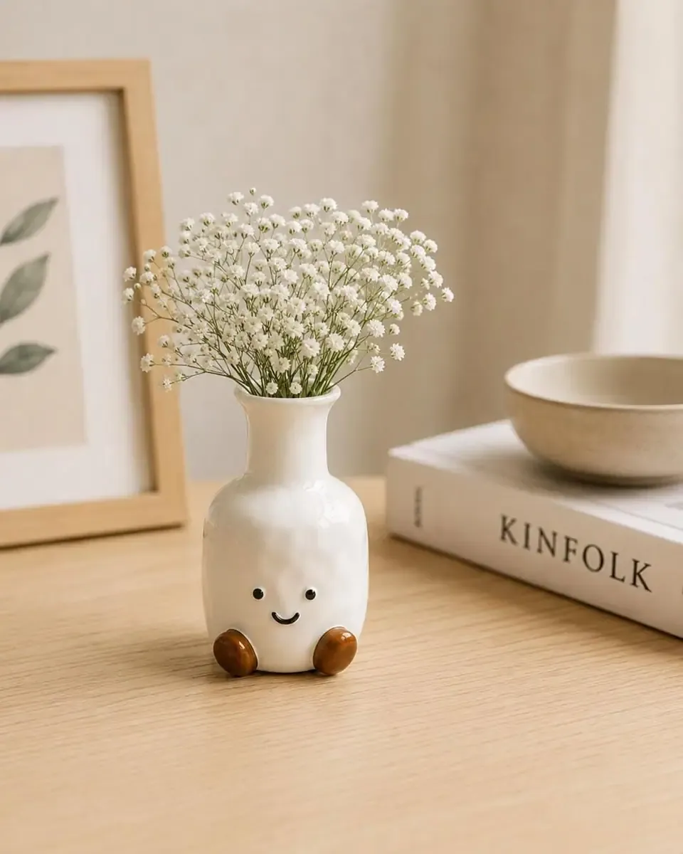 Bình sứ trắng nhỏ có dáng tròn đầy cắm hoa baby trắng, đặt cạnh sách và khung tranh