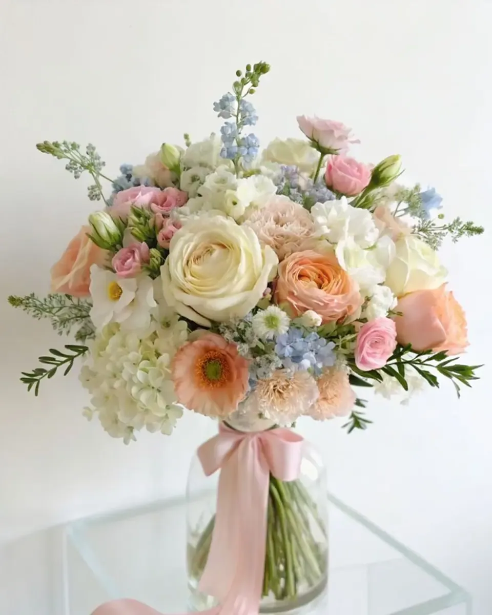 Bình thủy tinh cắm hoa pastel hồng, kem, cam nhạt và xanh dương nhạt, ruy băng hồng buông dài