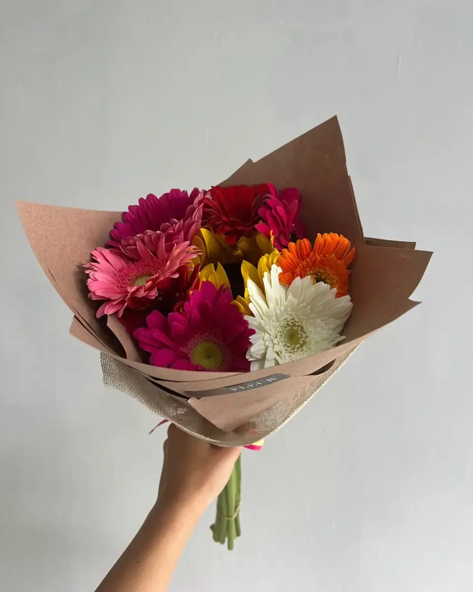Bó hoa đồng tiền hồng, đỏ, cam, trắng gói giấy kraft hồng nâu trước bức tường trắng
