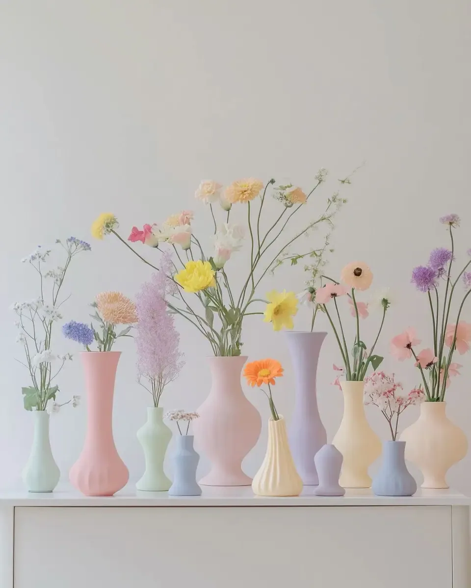 Dãy lọ hoa nhiều màu pastel cắm hoa dại nhỏ trên kệ trắng, ánh sáng ban ngày