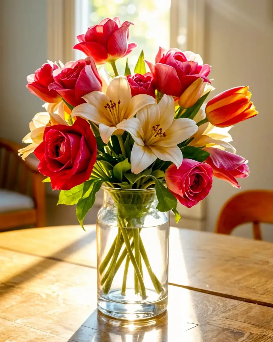 Bình thủy tinh cắm hoa hồng đỏ, hoa ly trắng và tulip đặt trên bàn gỗ đón ánh nắng cửa sổ