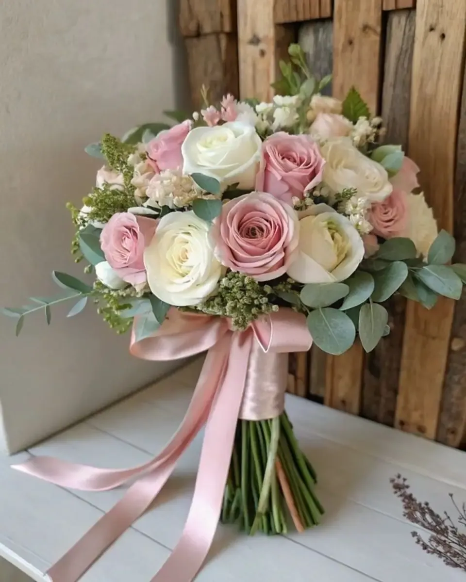 Bó hoa hồng phấn, hoa hồng kem tròn buộc nơ ruy băng hồng, đặt trên kệ trắng cạnh tường gỗ