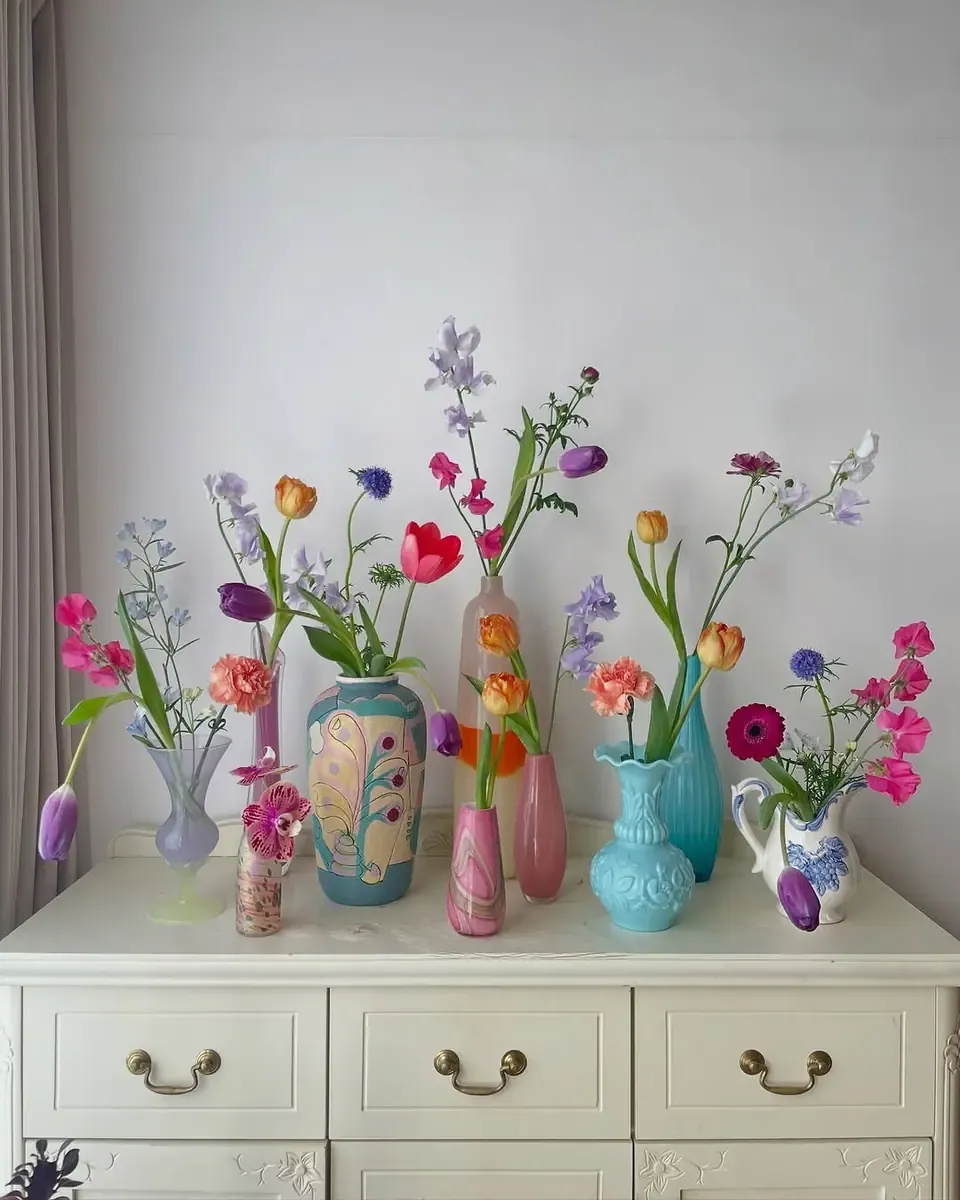 Nhiều bình nhỏ cắm tulip và hoa nhiều màu đặt thành hàng trên tủ kem trước tường sáng