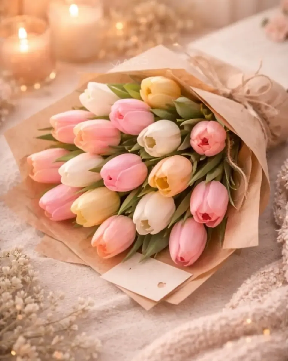 Bó tulip hồng và kem gói giấy kraft đặt trên khăn len, cạnh ánh nến mờ