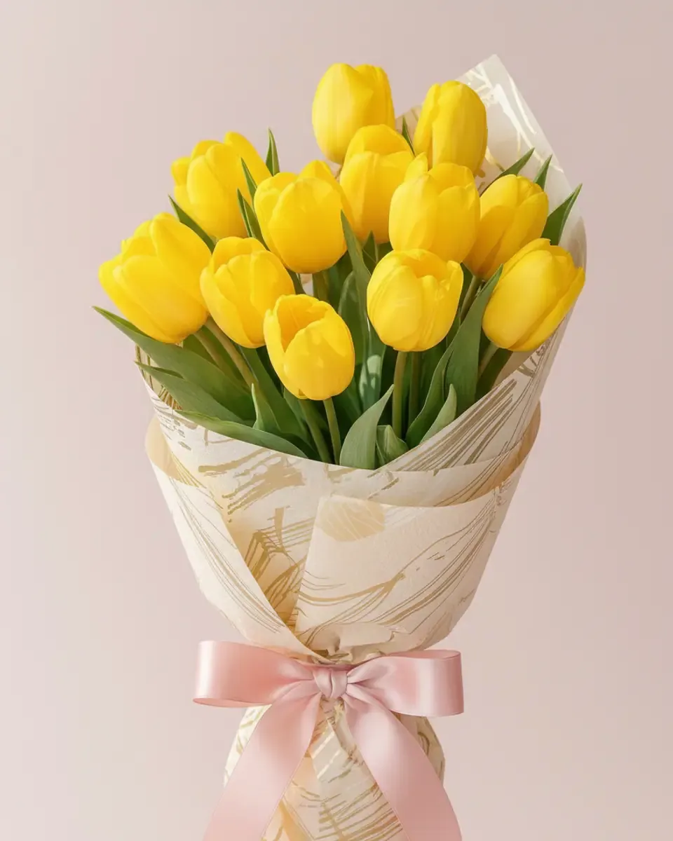 Bó tulip vàng gói giấy hồng nhạt buộc nơ ruy băng hồng trên nền hồng phấn