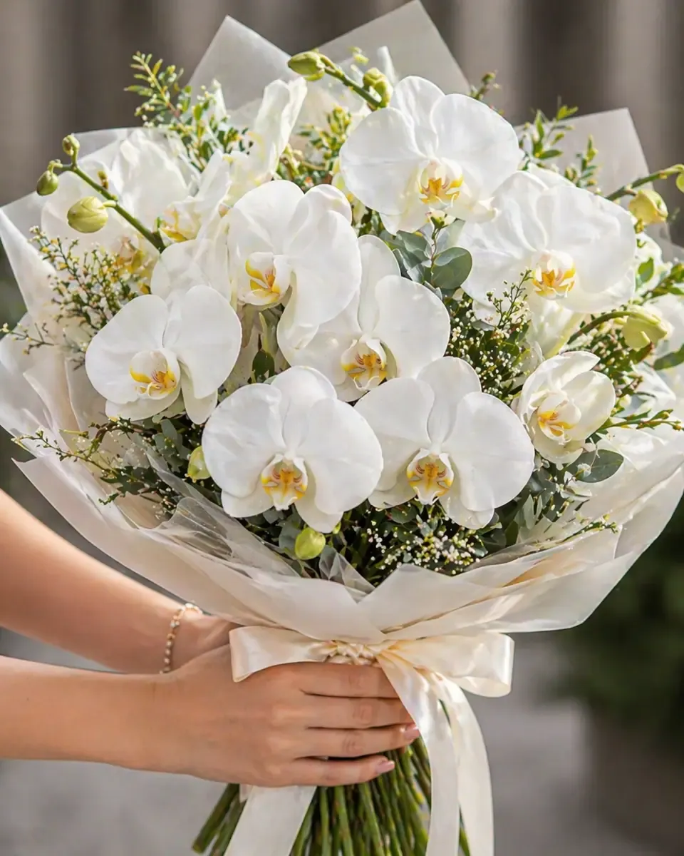 Hai bàn tay cầm bó lan hồ điệp trắng gói giấy mờ, ruy băng kem buộc phía dưới