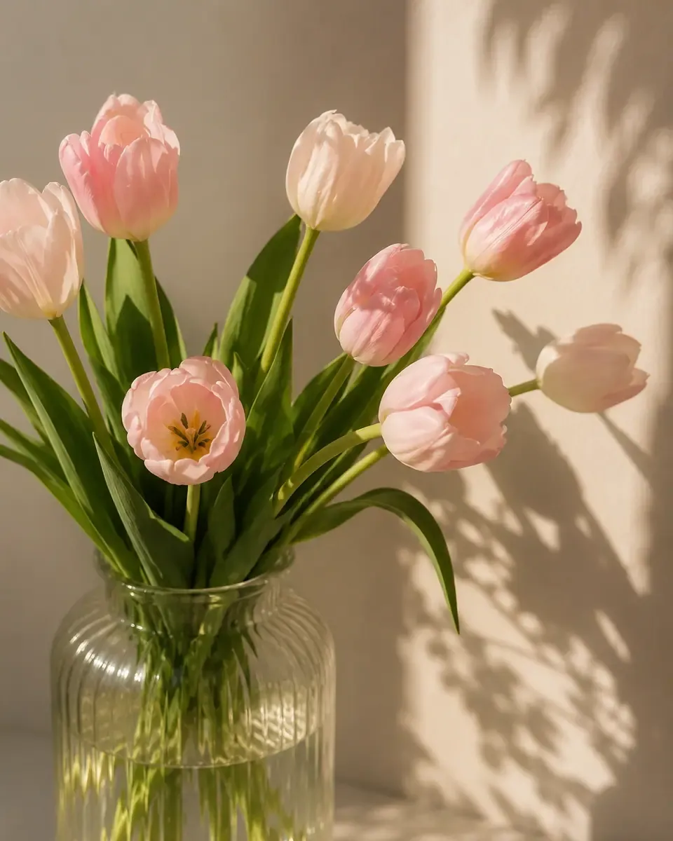 Bình thủy tinh sọc cắm tulip hồng và kem dưới nắng ấm, bóng đổ lên tường