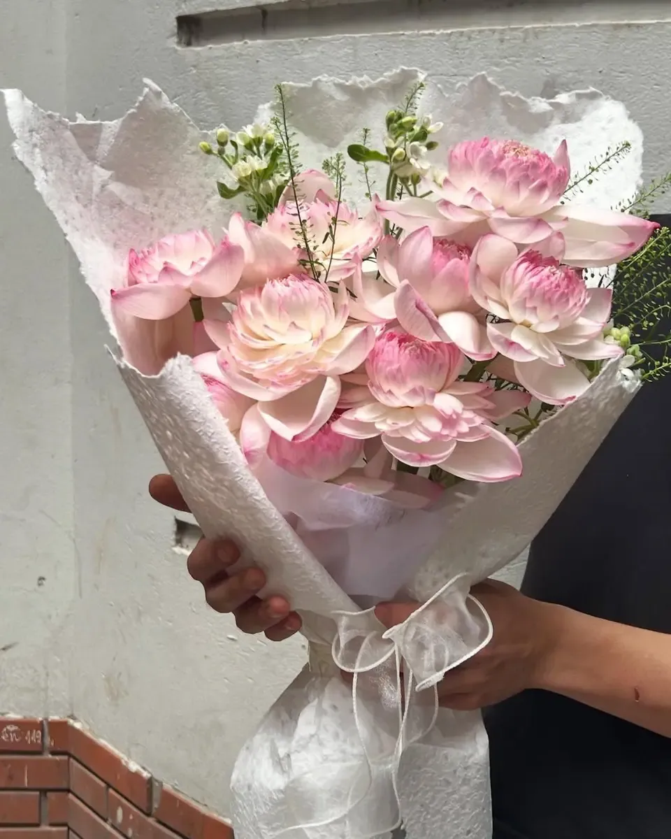 Bó sen hồng gói giấy trắng viền ren, một tay cầm bó hoa