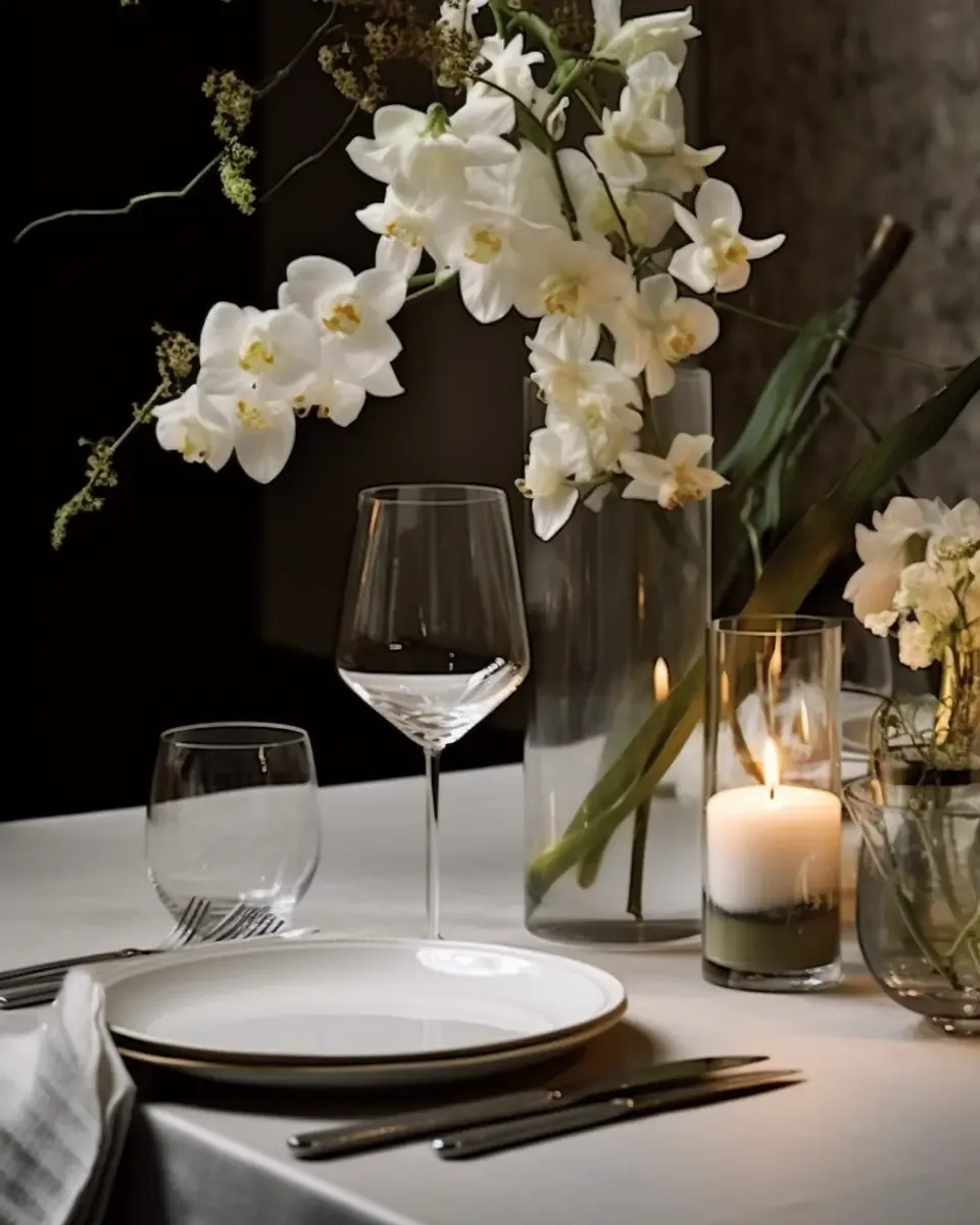 Cành lan trắng buông dài cắm trong bình thủy tinh cao cạnh ly và nến trên bàn tối