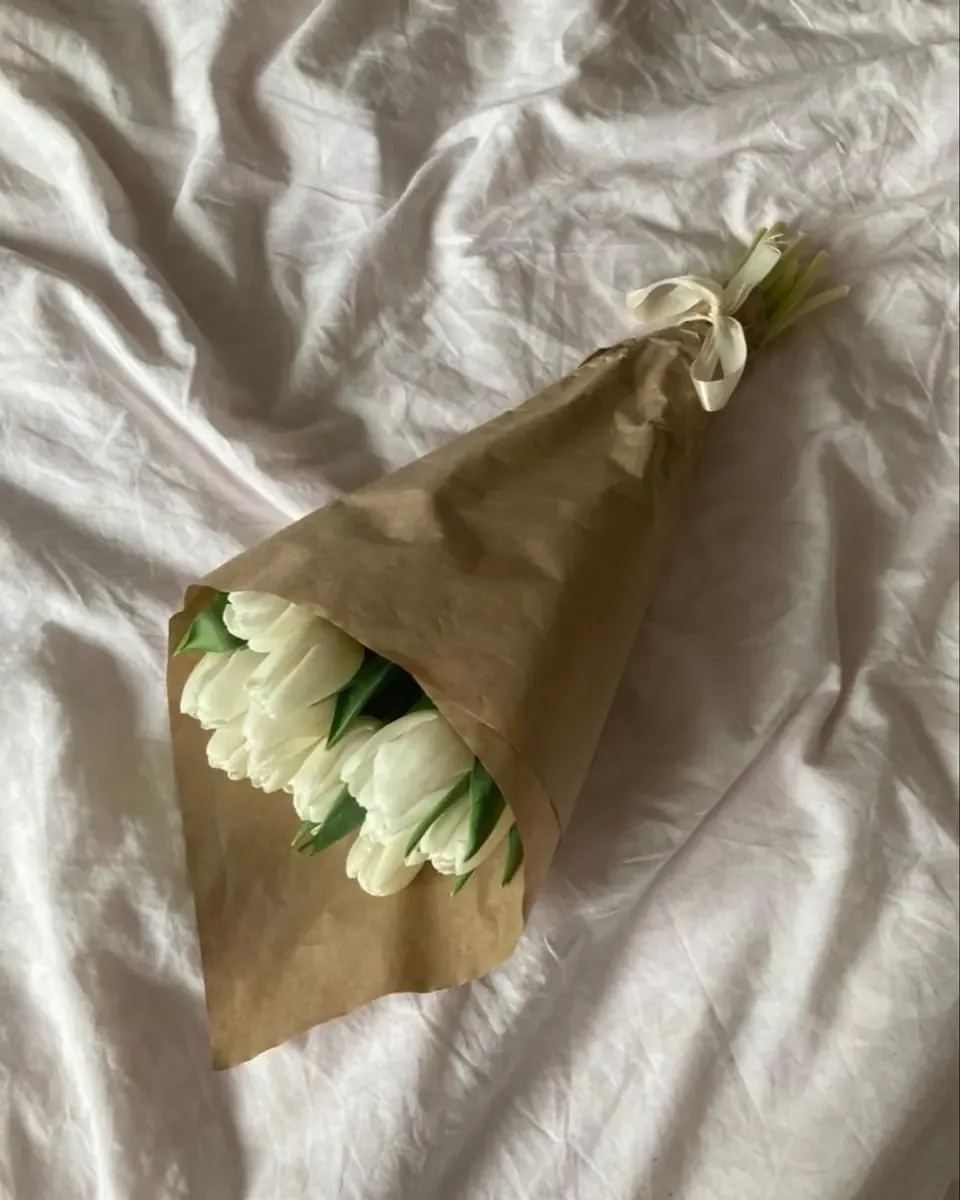 Bó hoa tulip trắng gói giấy kraft, đặt nghiêng trên ga giường trắng