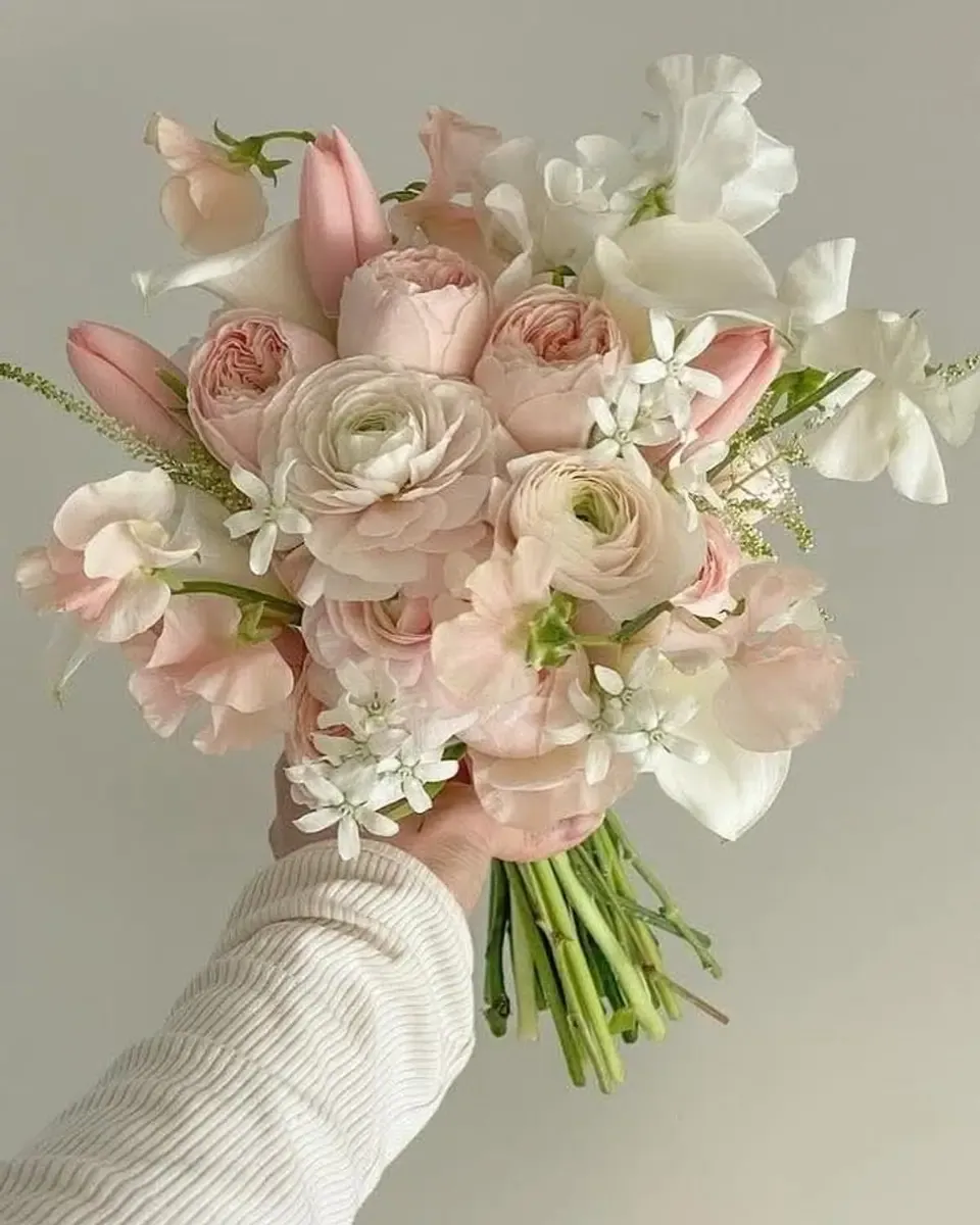 Bàn tay cầm bó hoa mao lương hồng, trắng, đậu hoa và tulip, cuống nhỏ gọn