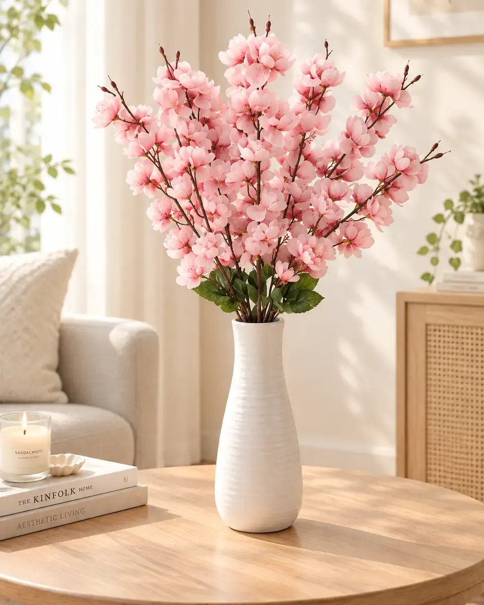 Bình gốm trắng gân dọc cắm cành hoa hồng phấn đặt trên bàn gỗ cạnh nến và sách