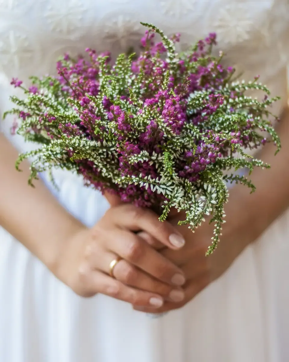 Bó hoa thạch thảo tím hồng phối cành trắng nhỏ, hai bàn tay cầm trước váy trắng