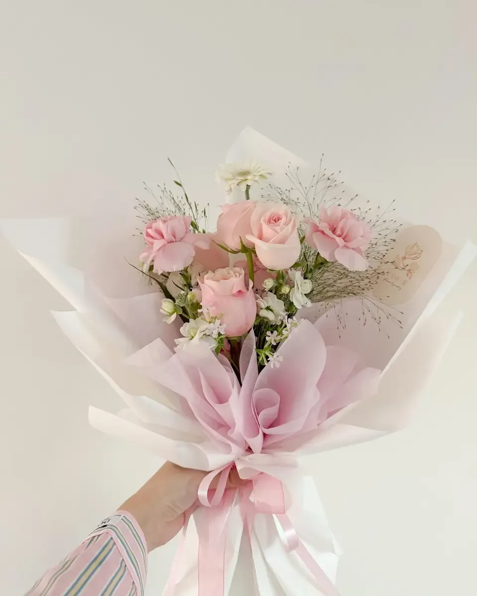 Bó hồng phấn nhỏ và cẩm chướng hồng gói giấy trắng hồng, ruy băng hồng