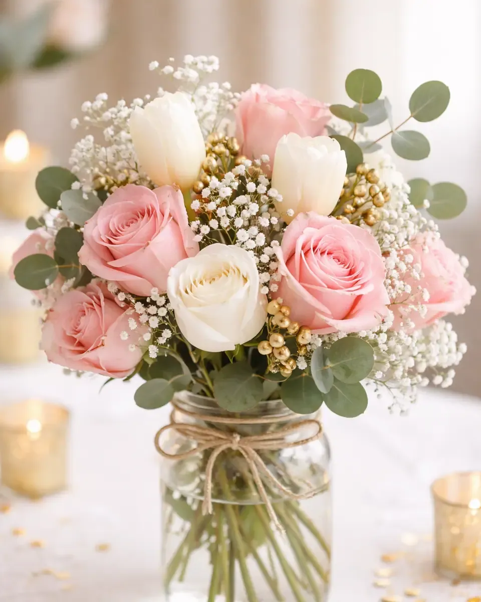 Hoa hồng hồng, tulip trắng, baby và lá bạch đàn cắm trong lọ thủy tinh buộc dây thừng cạnh nến nhỏ