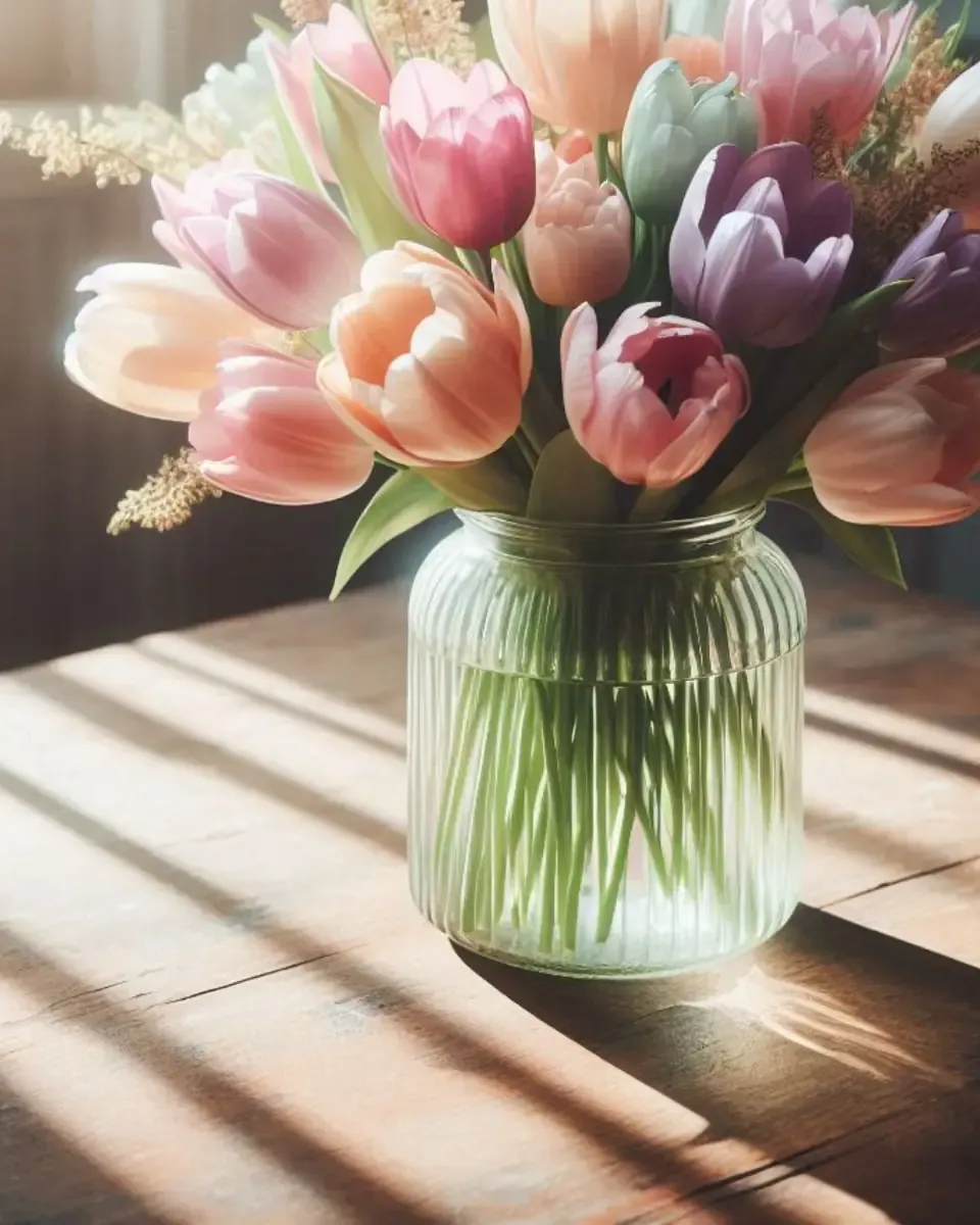 Lọ thủy tinh cắm tulip nhiều màu nhạt, đặt trên bàn phủ khăn cạnh tách cà phê trắng