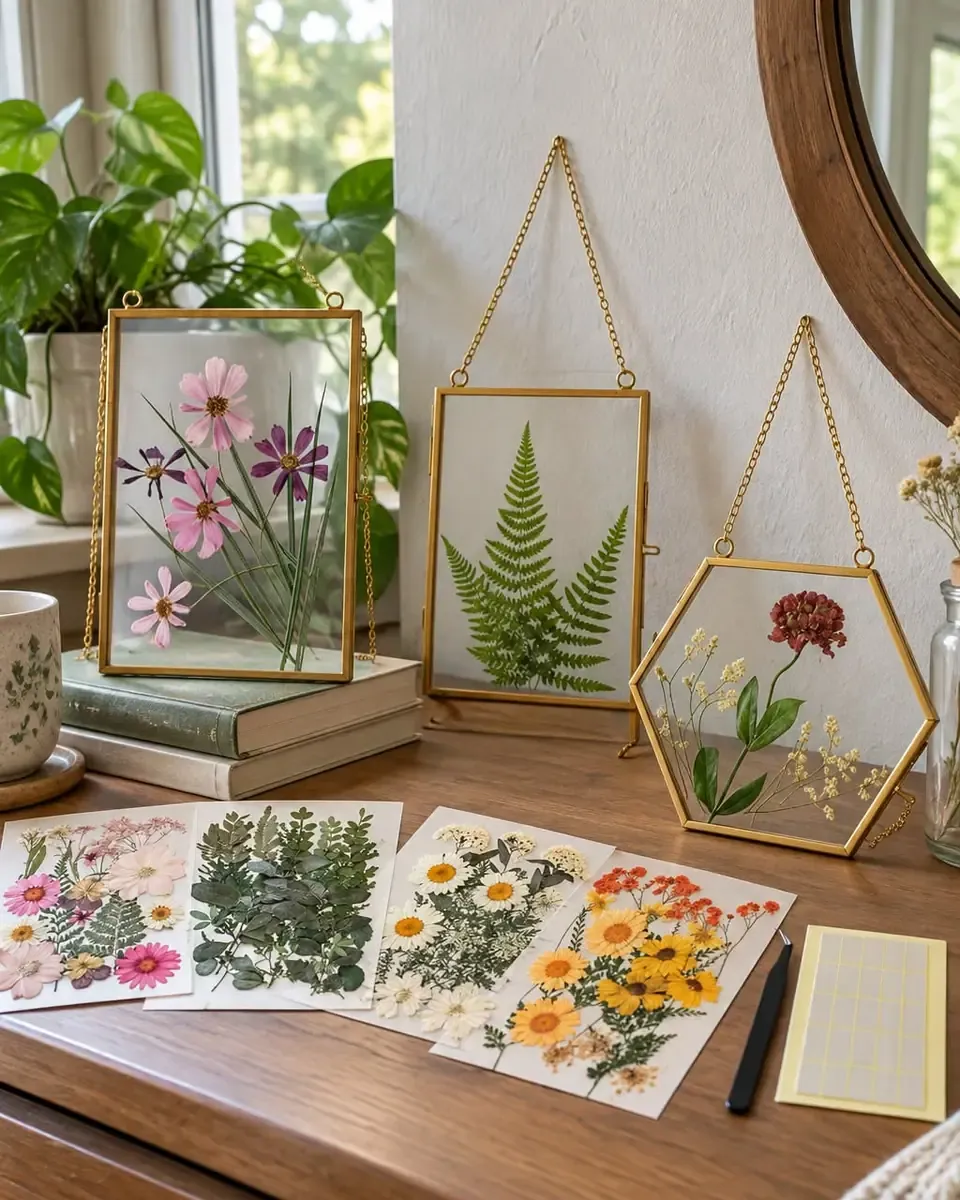 Khung kính viền đồng cạnh thiệp hoa ép và giấy ghi chú trên mặt bàn gỗ