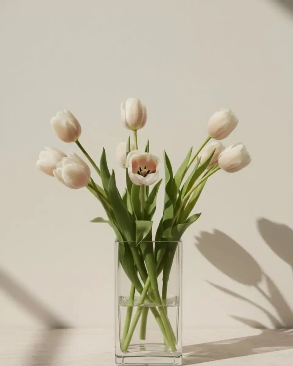 Tulip trắng kem cắm trong bình thủy tinh vuông đặt trên bàn, bóng nắng đổ lên tường