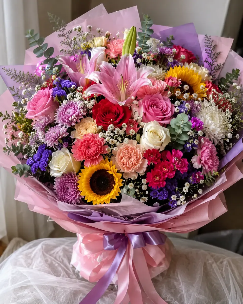 Bó hoa hồng đỏ, hướng dương, cẩm chướng và ly hồng gói giấy hồng buộc ruy băng