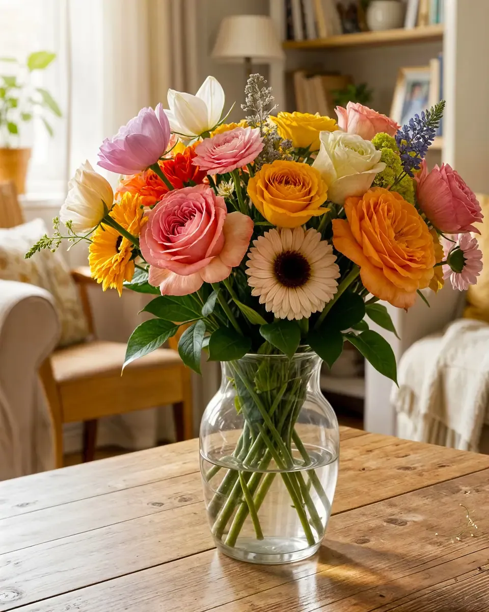 Bình thủy tinh cắm hoa hồng, hoa cúc cam, hoa mao lương và hoa gerbera đặt trên bàn gỗ gần cửa sổ