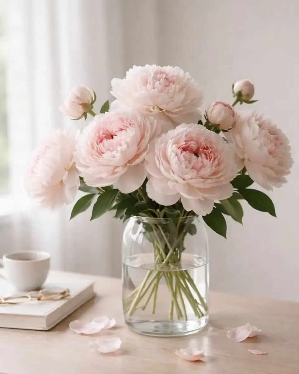 Bình thủy tinh cắm hoa mẫu đơn hồng nhạt trên bàn gỗ gần cửa sổ, cánh hoa rơi và tách trà nhỏ