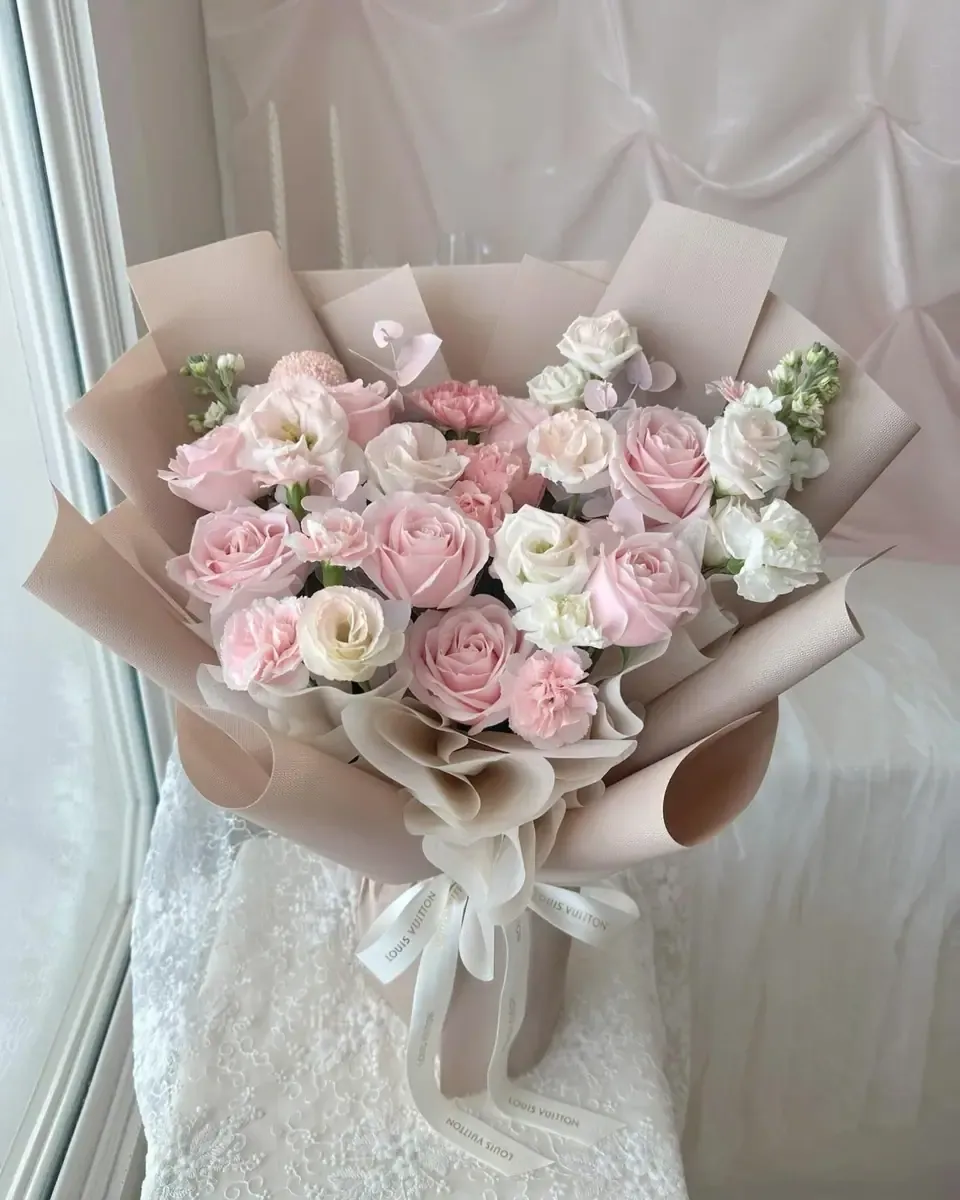 Bó hồng phấn và trắng gói giấy màu be, ruy băng trắng đặt bên cửa sổ