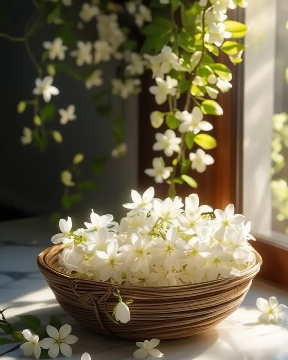 Nhành hoa nhài trắng rủ xuống trên chiếc rổ đan chứa đầy hoa, nắng ấm bên cửa sổ