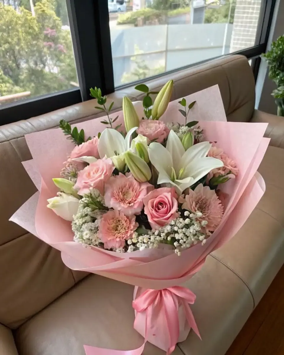Bó ly trắng phối hồng phấn gói giấy hồng, ruy băng hồng đặt trên ghế cạnh cửa sổ